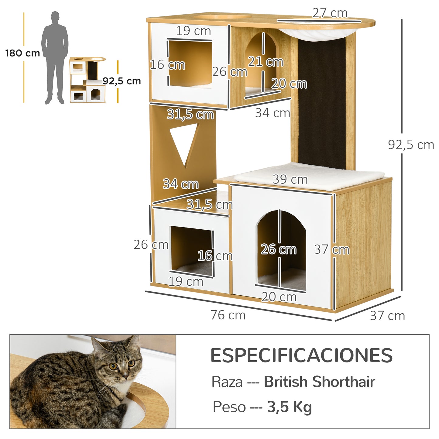 Pawhut Árbol Rascador Para Gatos Altura 92,5 Cm Con 3 Casetas De Madera Cojines_2