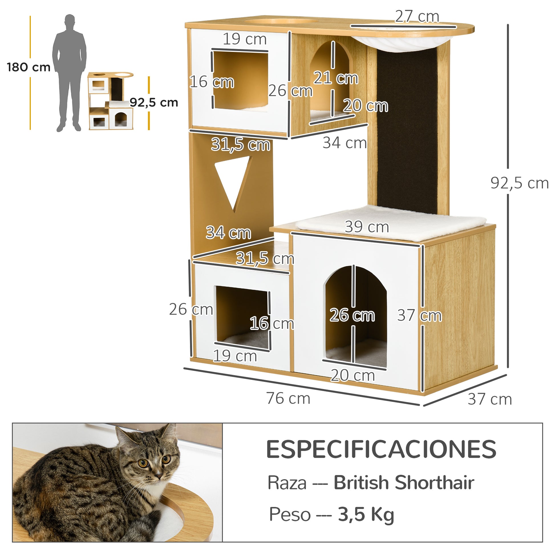 Pawhut Árbol Rascador Para Gatos Altura 92,5 Cm Con 3 Casetas De Madera Cojines_2