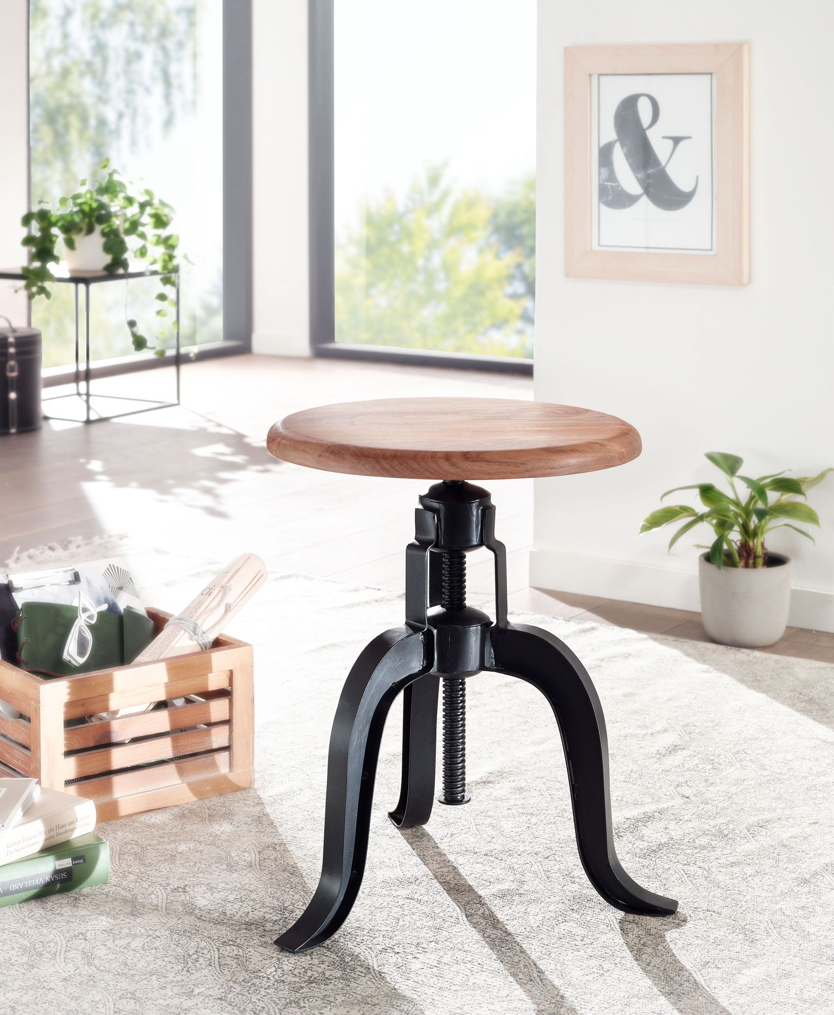 Taburete Giratorio 39x62,5x39 Cm Madera Maciza De Acacia / Metal Negro_2