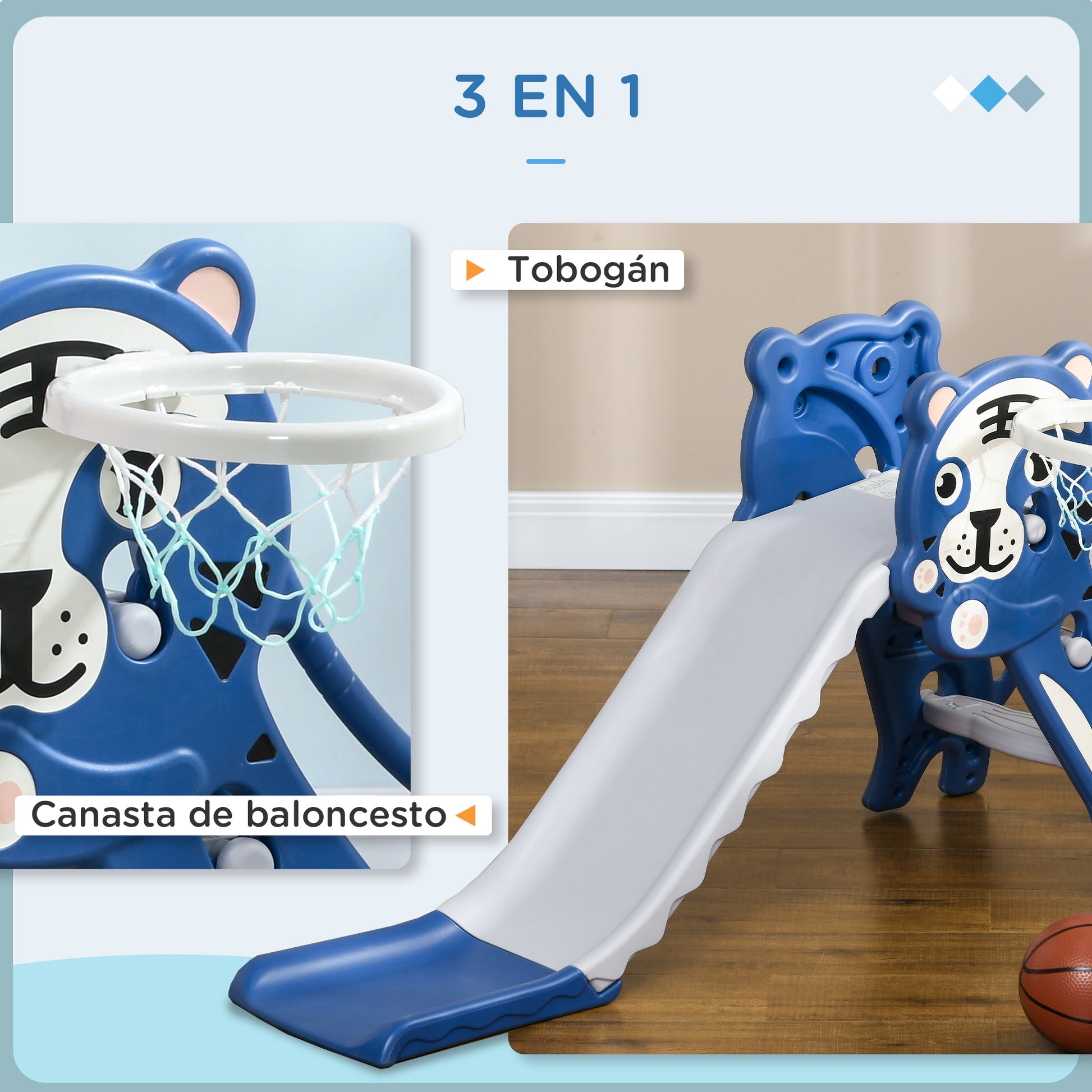 Aiyaplay Tobogán Infantil 3 En 1 Con Patrón De Tigre 133x60x70 Cm Azul Y Gris_3