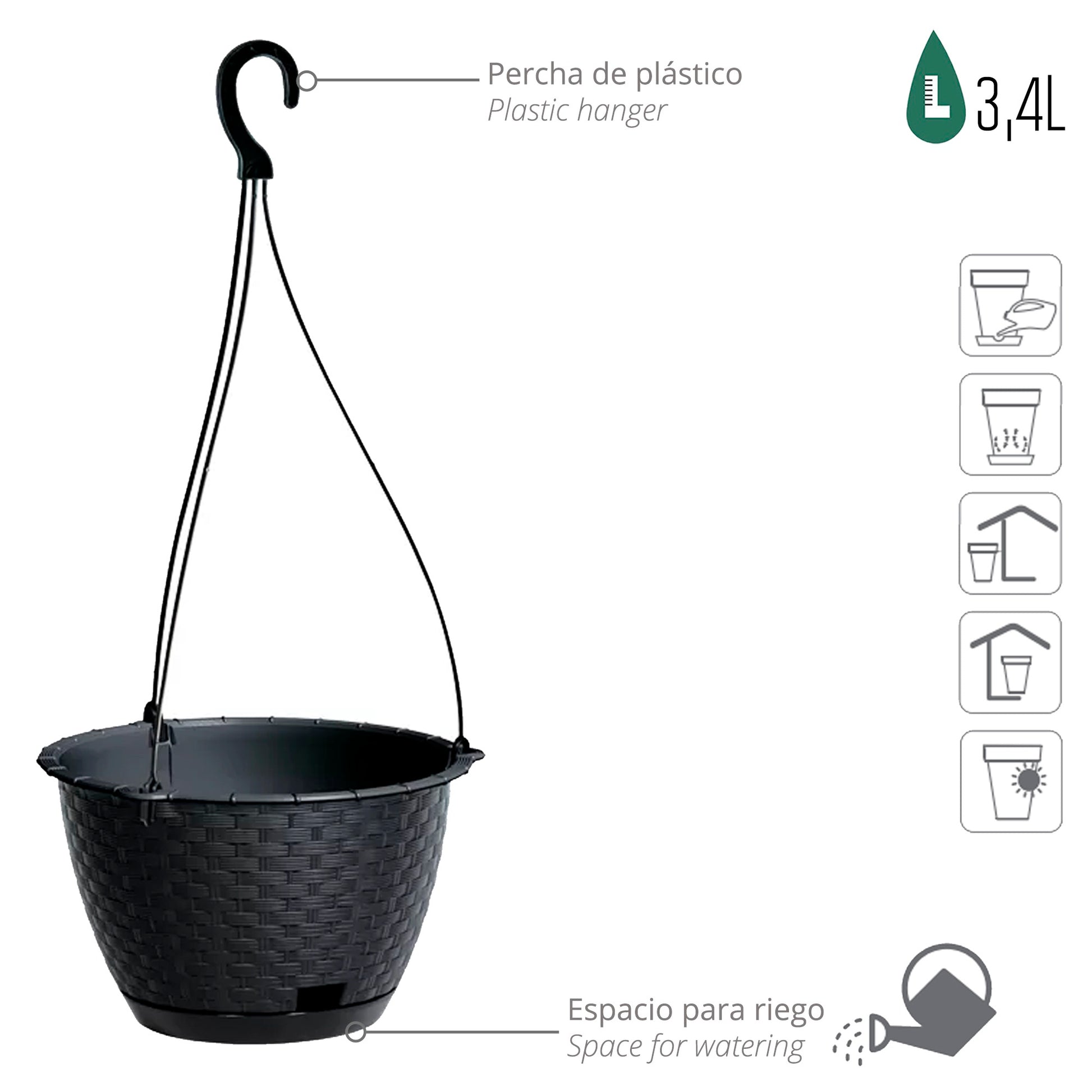 Macetero Colgante Ratolla Round W 3,4l., Dimensiones (mm) 217x217x142, Color Antracita_2