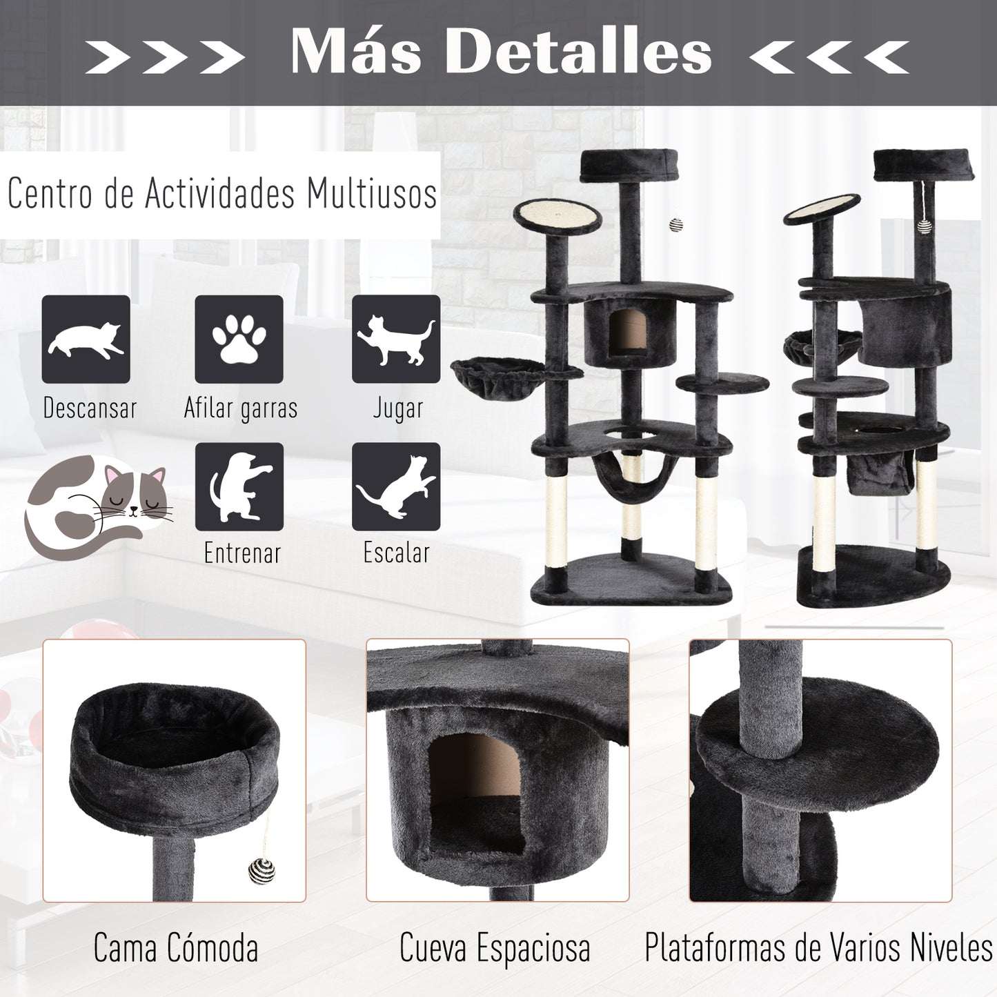 Pawhut Árbol Rascador Para Gatos Grande 65x50x155cm Centro De Actividades Postes_5