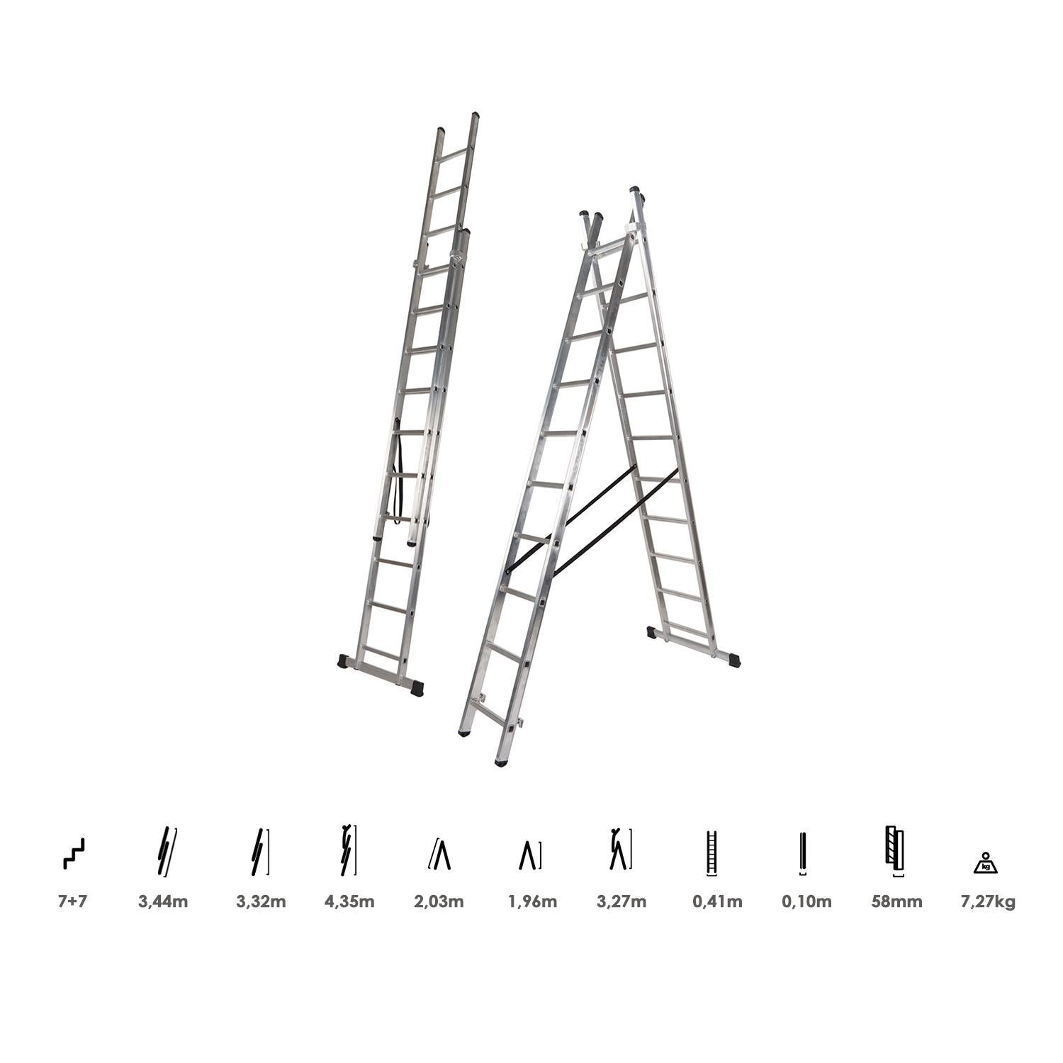 Escalera Aluminio 2 Tramos 7+7 Peldaños. Plegable, Antideslizante, Resistente_2