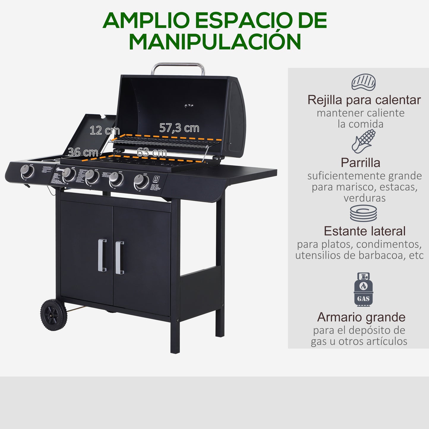 Outsunny Barbacoa De Gas Con Ruedas 4+1 Quemadores 14,4 Kw Y Mesas Laterales_5