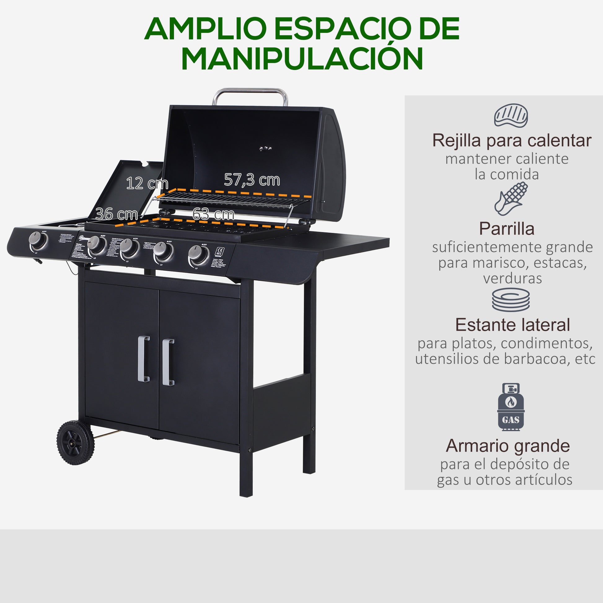 Outsunny Barbacoa De Gas Con Ruedas 4+1 Quemadores 14,4 Kw Y Mesas Laterales_5