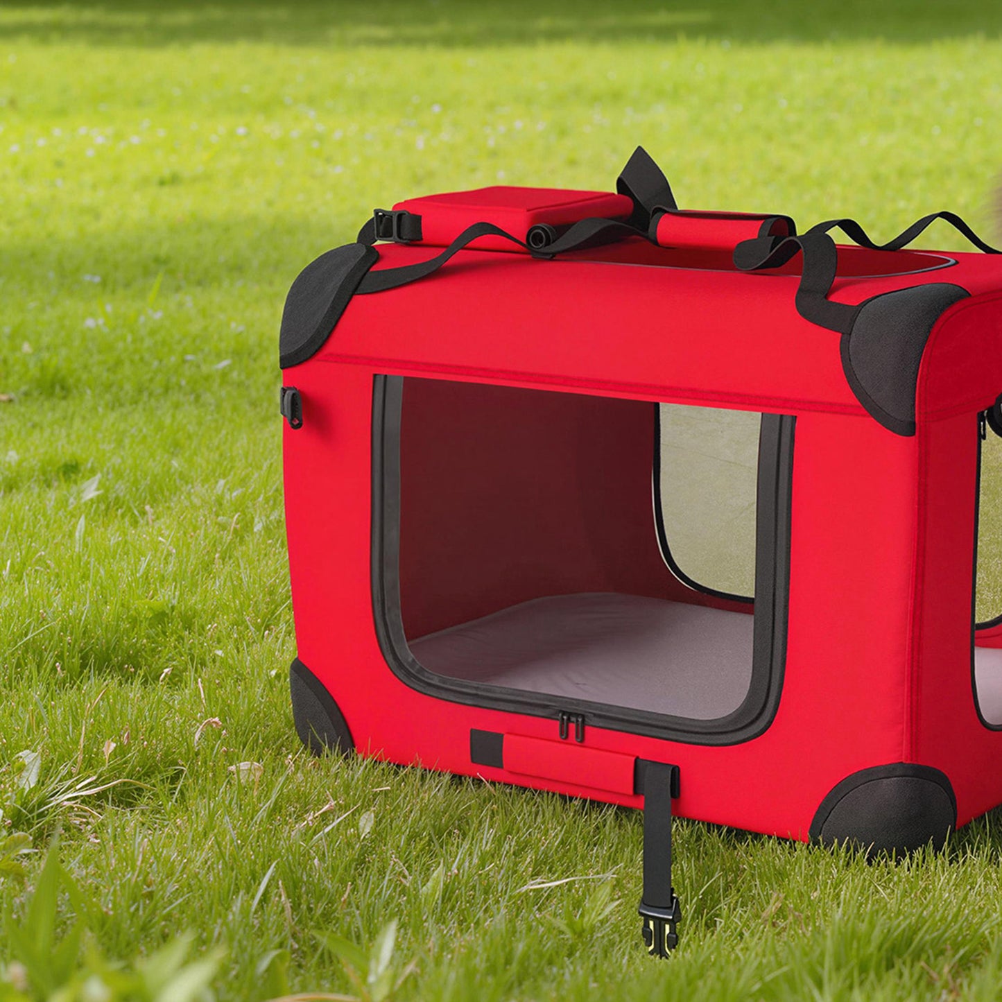 Pawhut Transportín Perro Gato Plegable 60x41,5x41 Cm Con Puertas Cojín Rojo_3