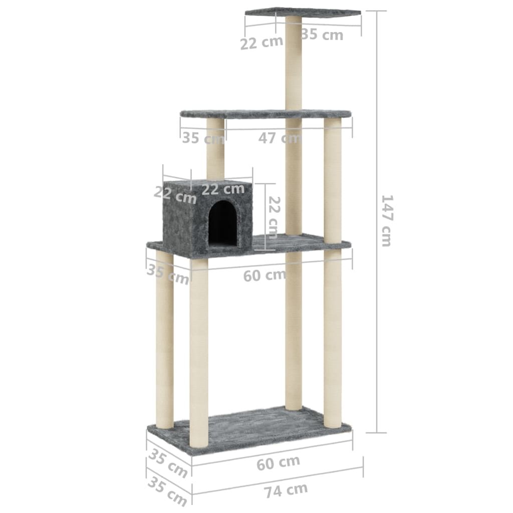 Vidaxl Rascador Para Gatos Con Postes De Sisal Gris Oscuro 147 Cm_2