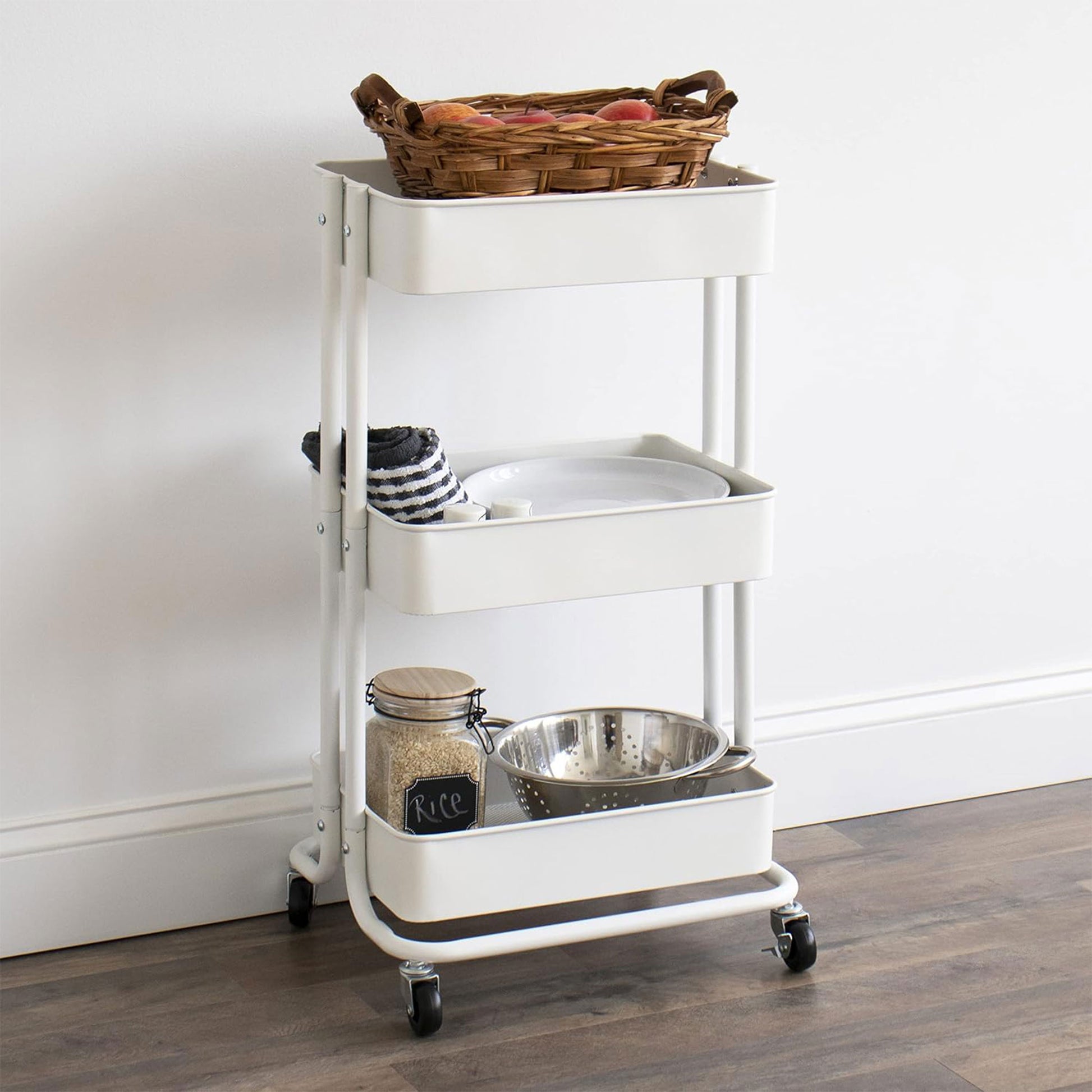 Well Home Carro De Cocina De Hierro En Blanco Con Ruedas Y 3 Cajones