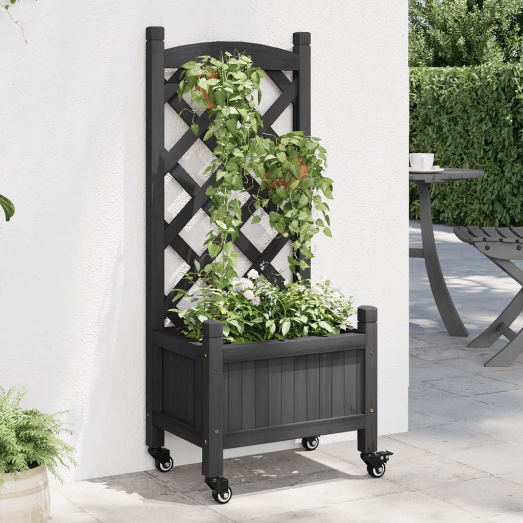 Jardinera Con Enrejado Y Ruedas Madera Maciza De Abeto Negro_1