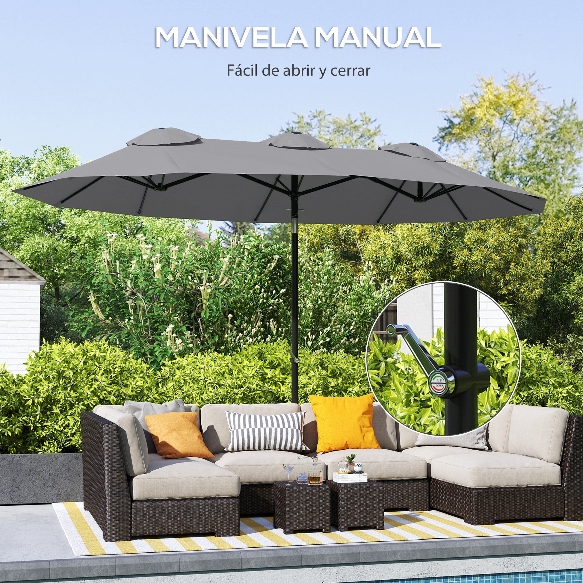 Outsunny Sombrilla Doble 3x1,5m Con Inclinación De 45° Manivela Gris_5
