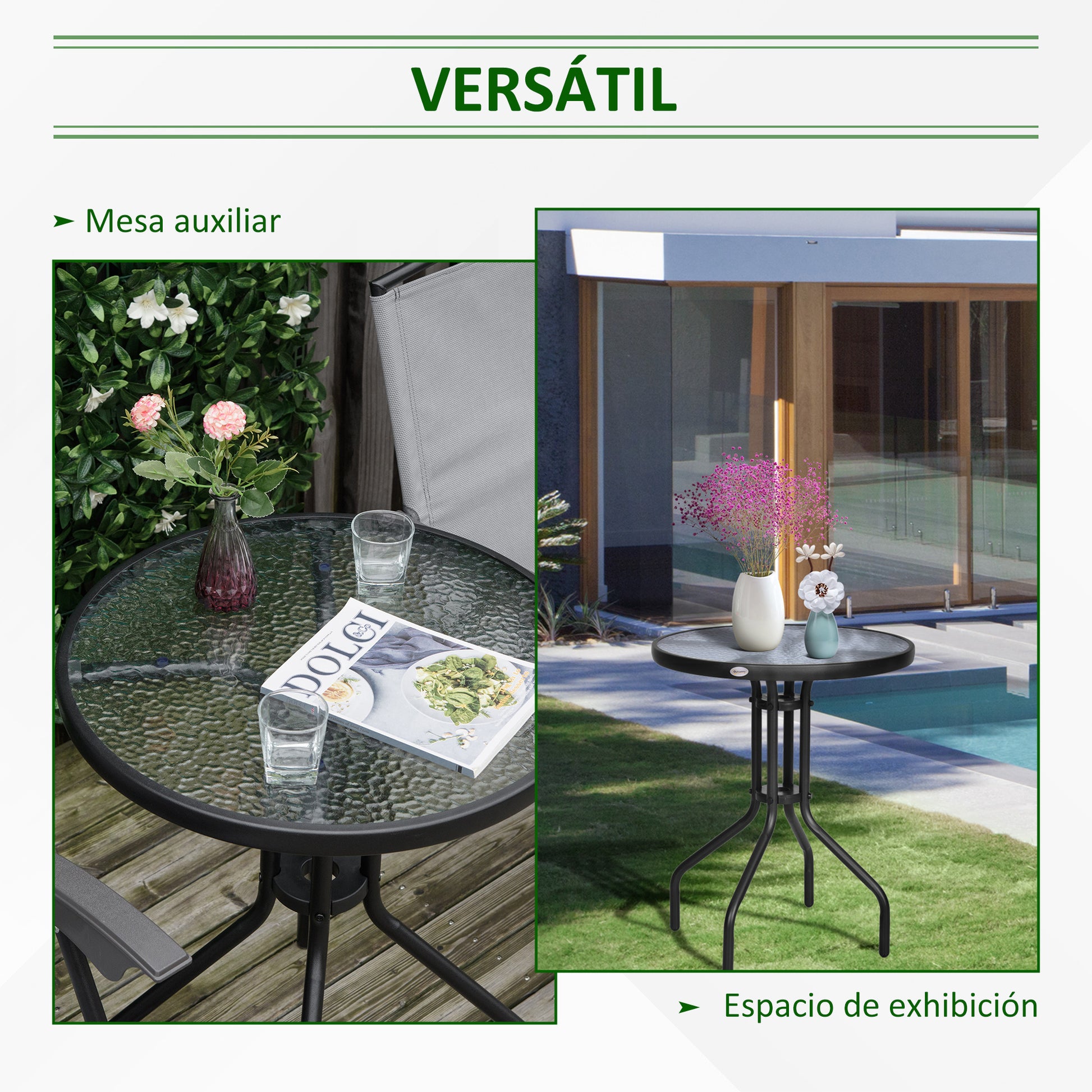 Outsunny Mesa De Jardín Redonda Con Vidrio Templado Marco Metal Ø60x70 Cm Negro_4