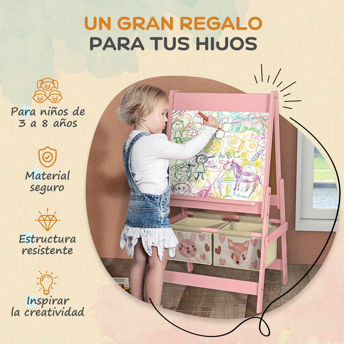 Aiyaplay Caballete Para Niños 3 En 1 Doble Cara Rollo De Papel 54x46,5x93cm Rosa_5