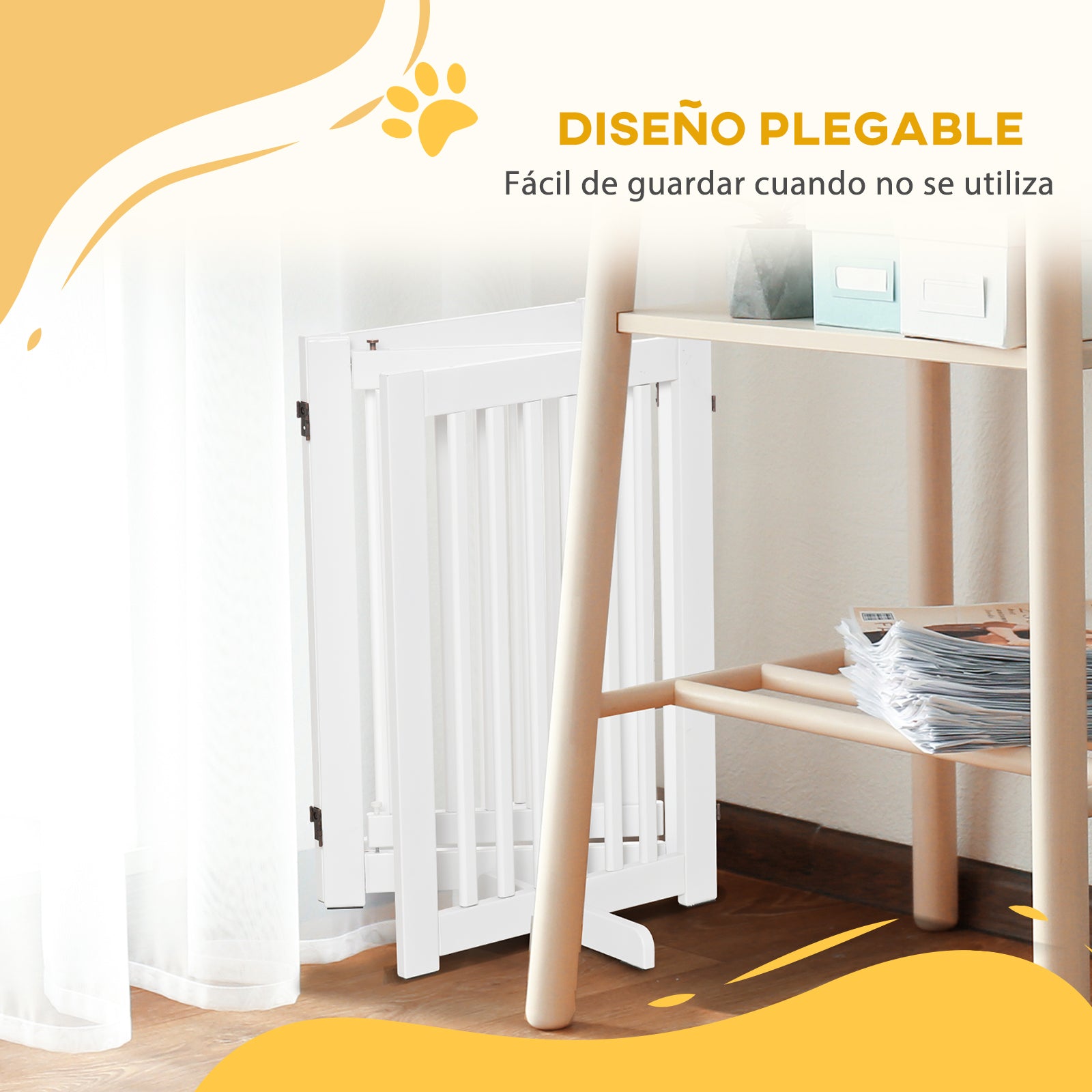 Pawhut Barrera Para Perros Plegable De Madera Con 1 Puerta 155x35,5x76 Cm Blanco_4