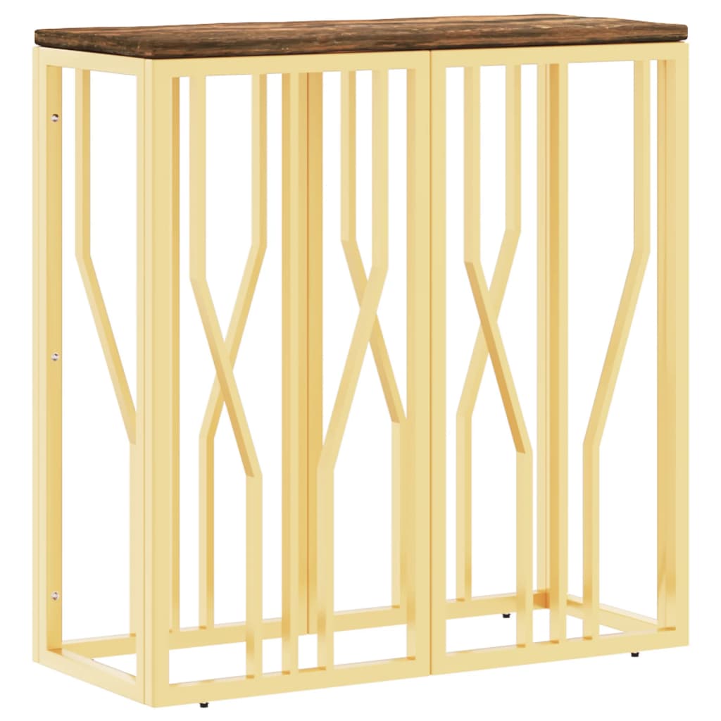 Mesa Consola Acero Inoxidable Y Madera Maciza Reciclada Dorada_0