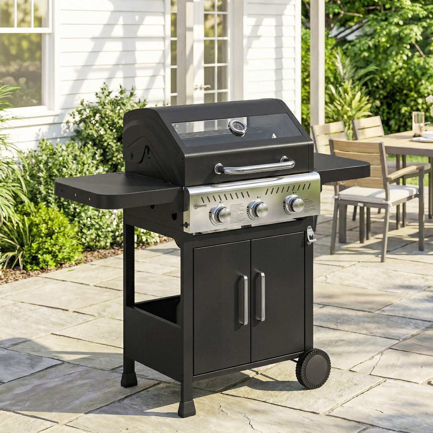 Outsunny Barbacoa De Gas Con 3 Quemadores 7,5 Kw Termómetro Mesas Laterales_1