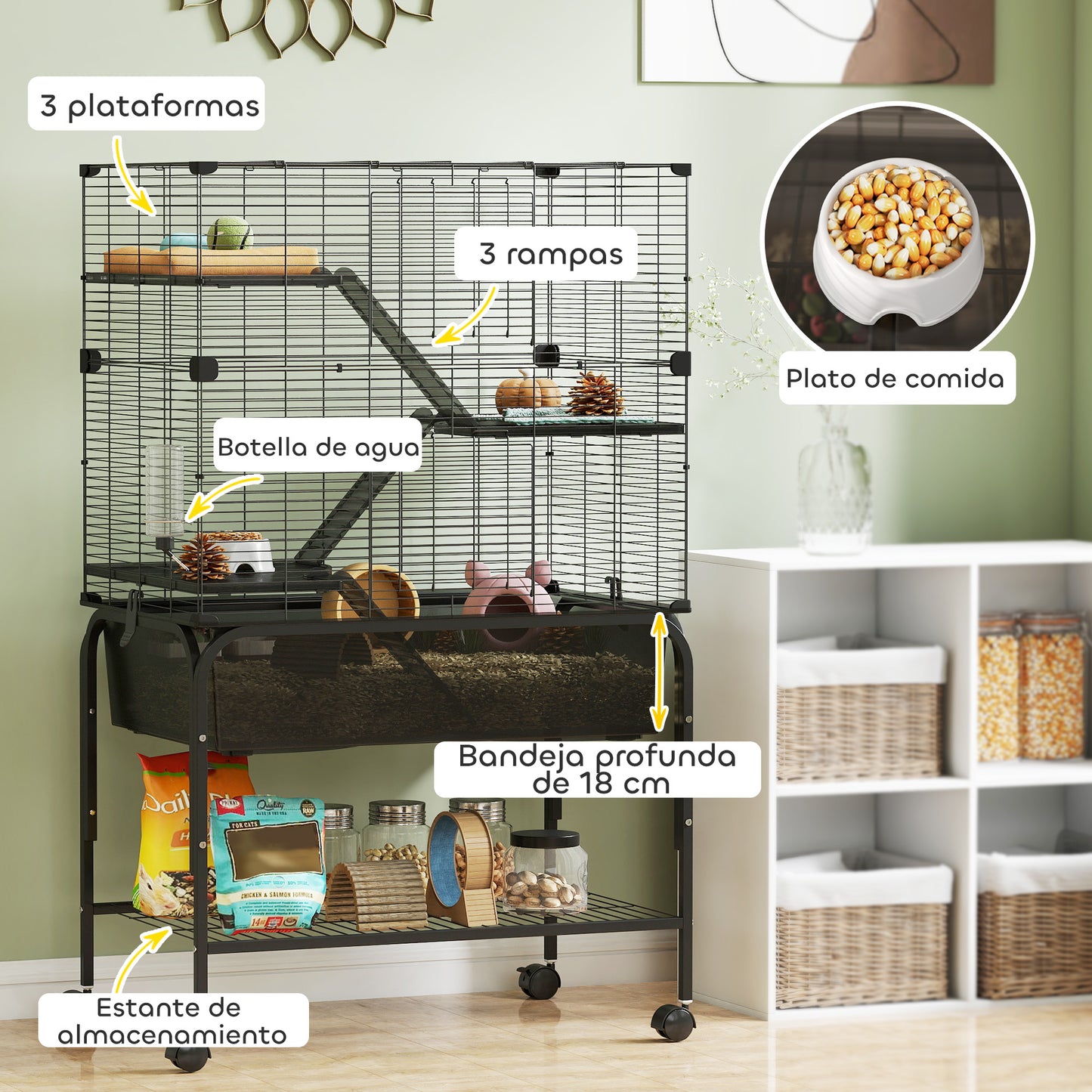 Pawhut Jaula Para Animales Pequeños De 4 Niveles Con Ruedas Bandeja Negro_4