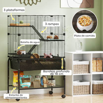 Pawhut Jaula Para Animales Pequeños De 4 Niveles Con Ruedas Bandeja Negro_4