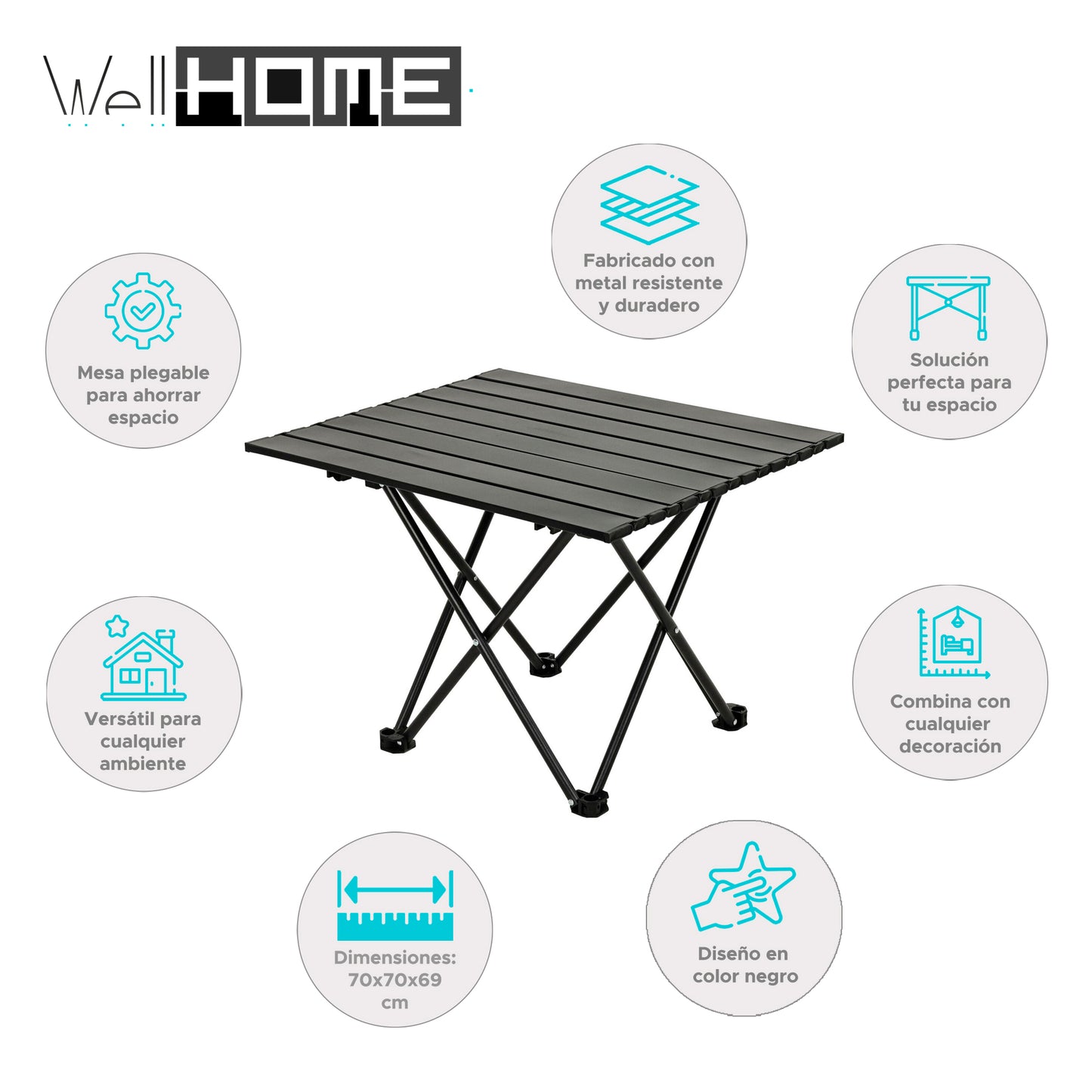 Well Home Mesa Plegable En Metal Color Negro 70x70x69cm