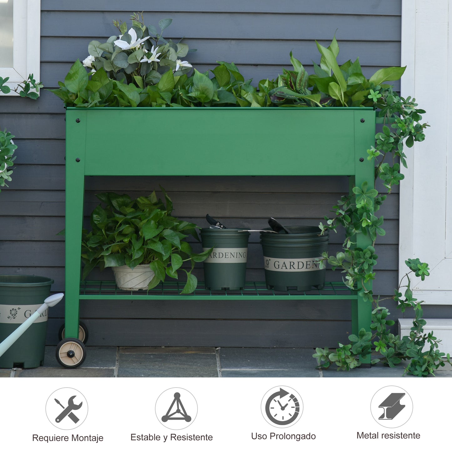 Outsunny Jardinera Elevada De Metal Con Ruedas Para Cultivo Plantas Flores Verde_5