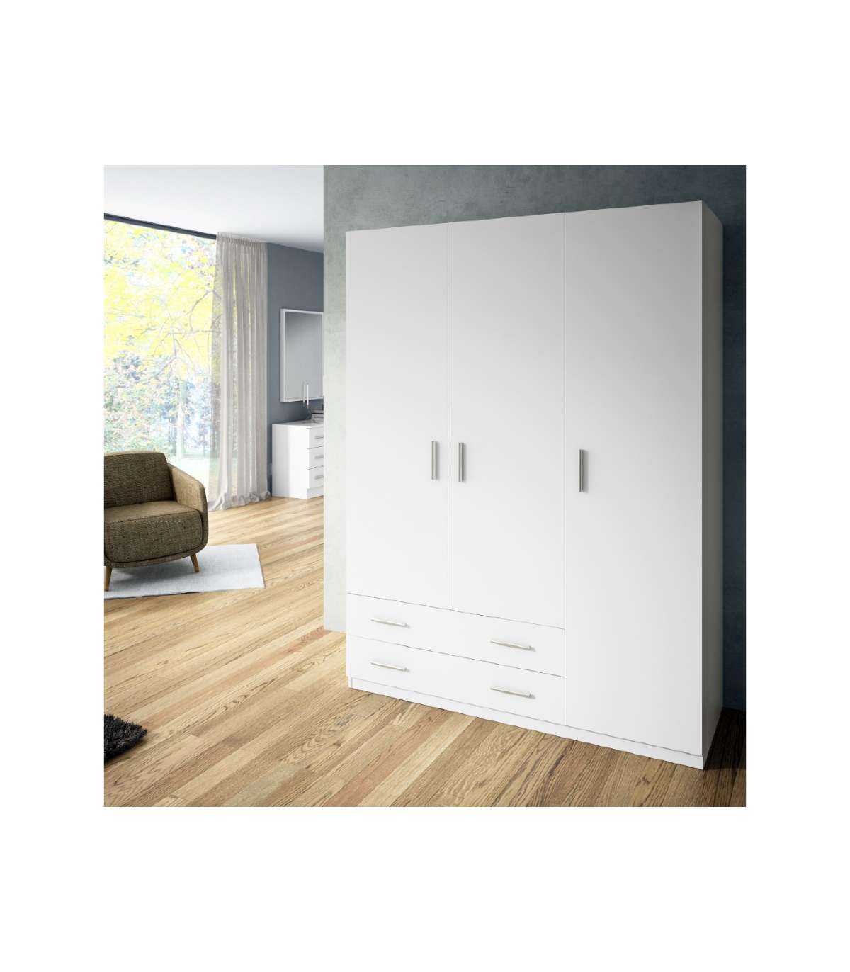 Armario Ropero 3 Puertas Abatibles 2 Cajones Lorena Acabado Blanco, 230cm(alto) 150cm(anch_5