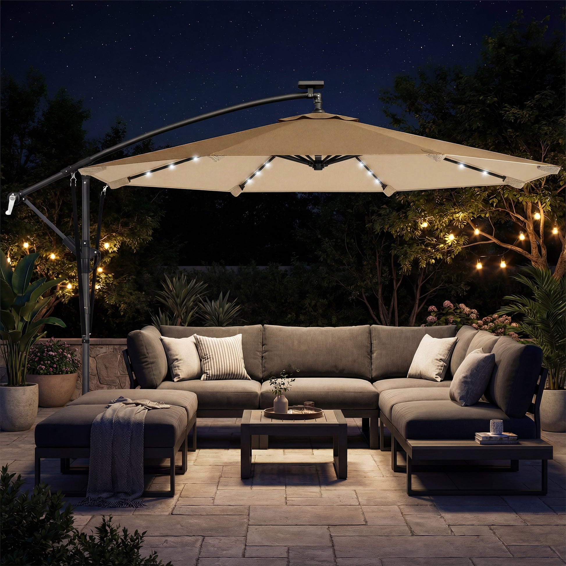 Outsunny Parasol Excéntrico Con Luces Led Solares Base Cruzada 330x295 Cm Caqui_1