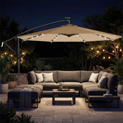 Outsunny Parasol Excéntrico Con Luces Led Solares Base Cruzada 330x295 Cm Caqui_1