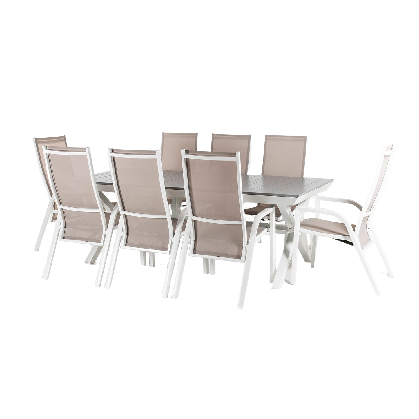 Conjunto De Jardín Mesa Extensible 215-295 Y 8 Sillones Apilables Y Reclinables Con Sistema Hidráulico Blanco_0