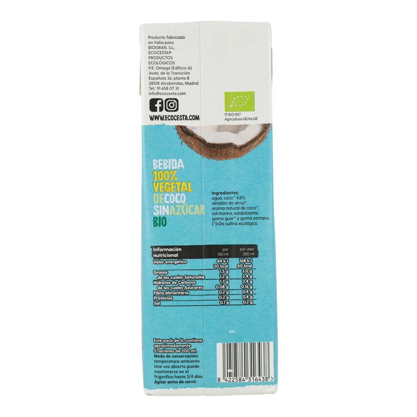 Bebida Vegetal De Coco Sin Azúcar Bio Ecocesta 1L