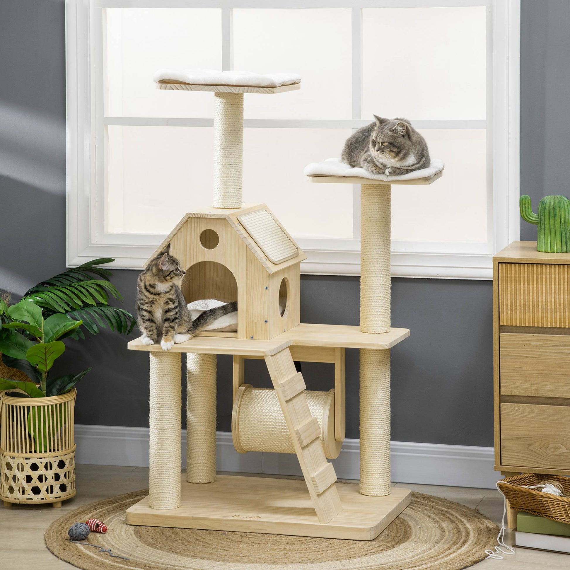 Pawhut Árbol Rascador Para Gatos Madera 125 Cm Con Camas Cueva Postes De Sisal_1