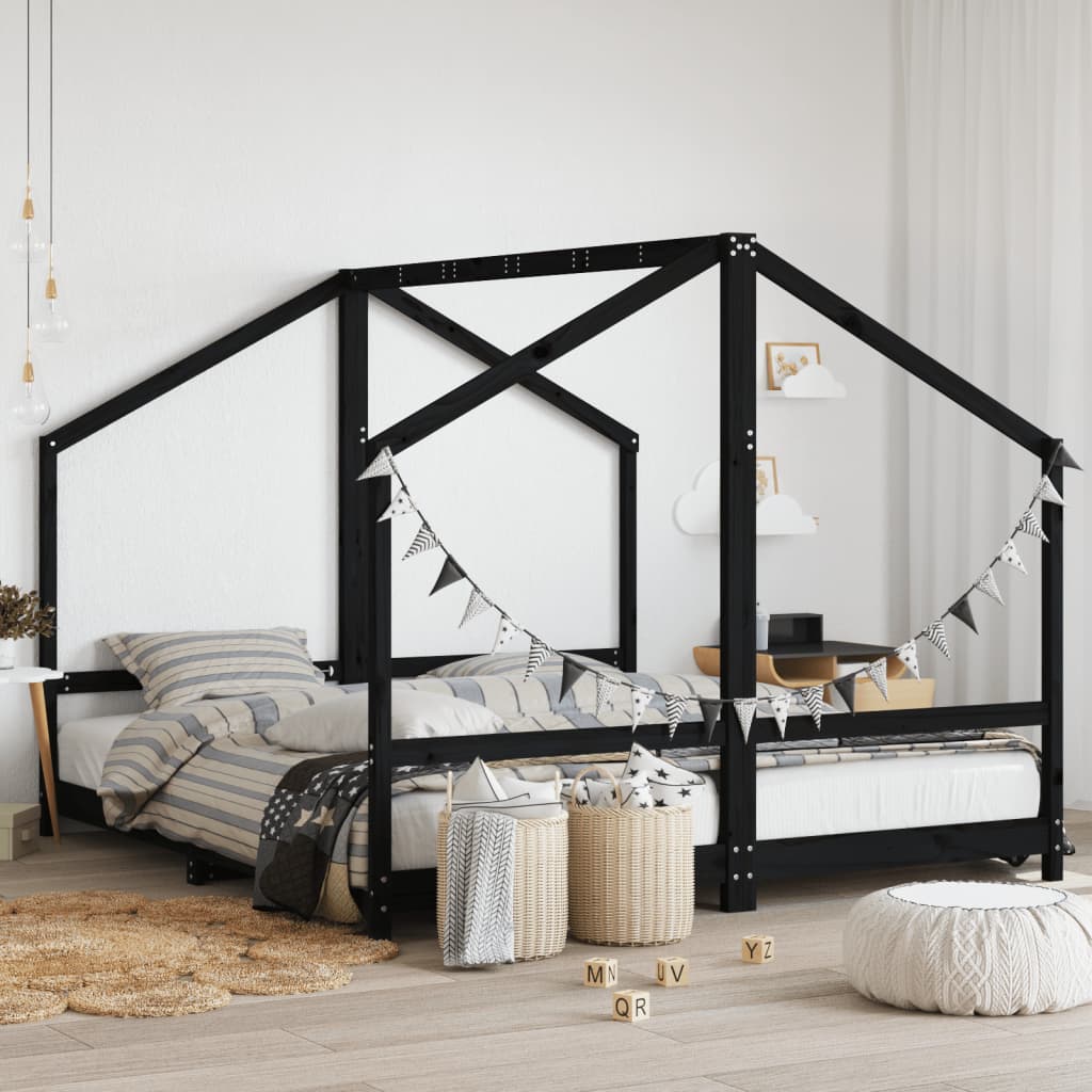 Estructura De Cama Para Niños Madera Pino Negro 2x(90x200) Cm / Vetonek_0