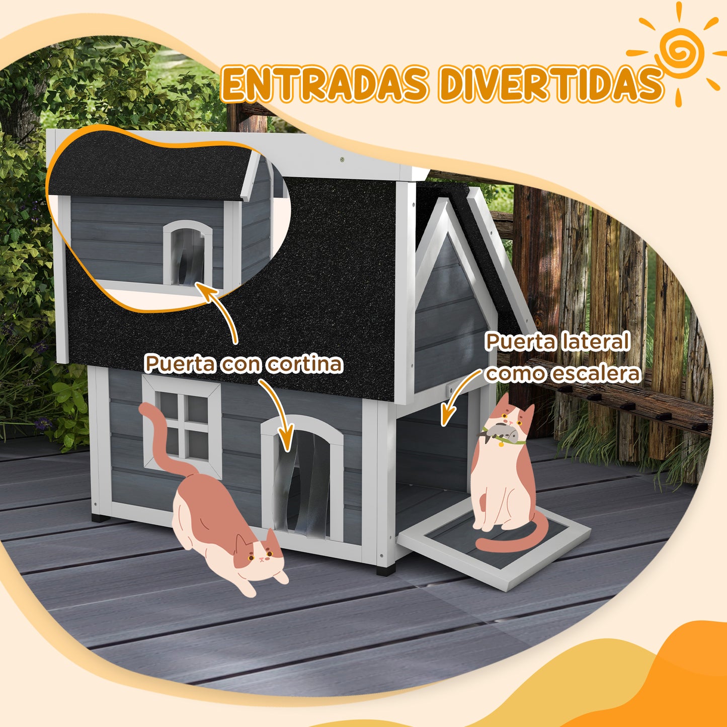 Pawhut Casa Para Gatos De Madera Con Techo Asfáltico Abatible Ventana Y Puertas_3
