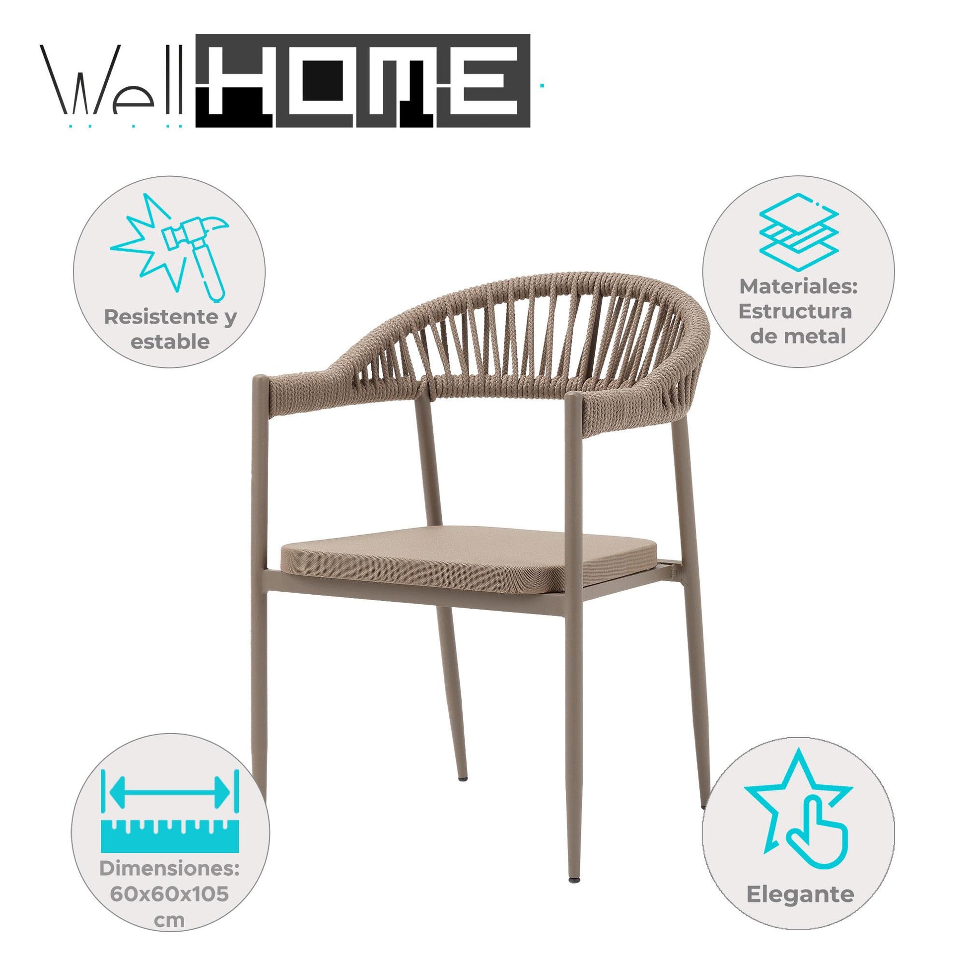 Silla De Exterior Adel Capuchino - Aluminio Inoxidable Con Cuerda Trenzada 60x80x105cm - Well Home_1