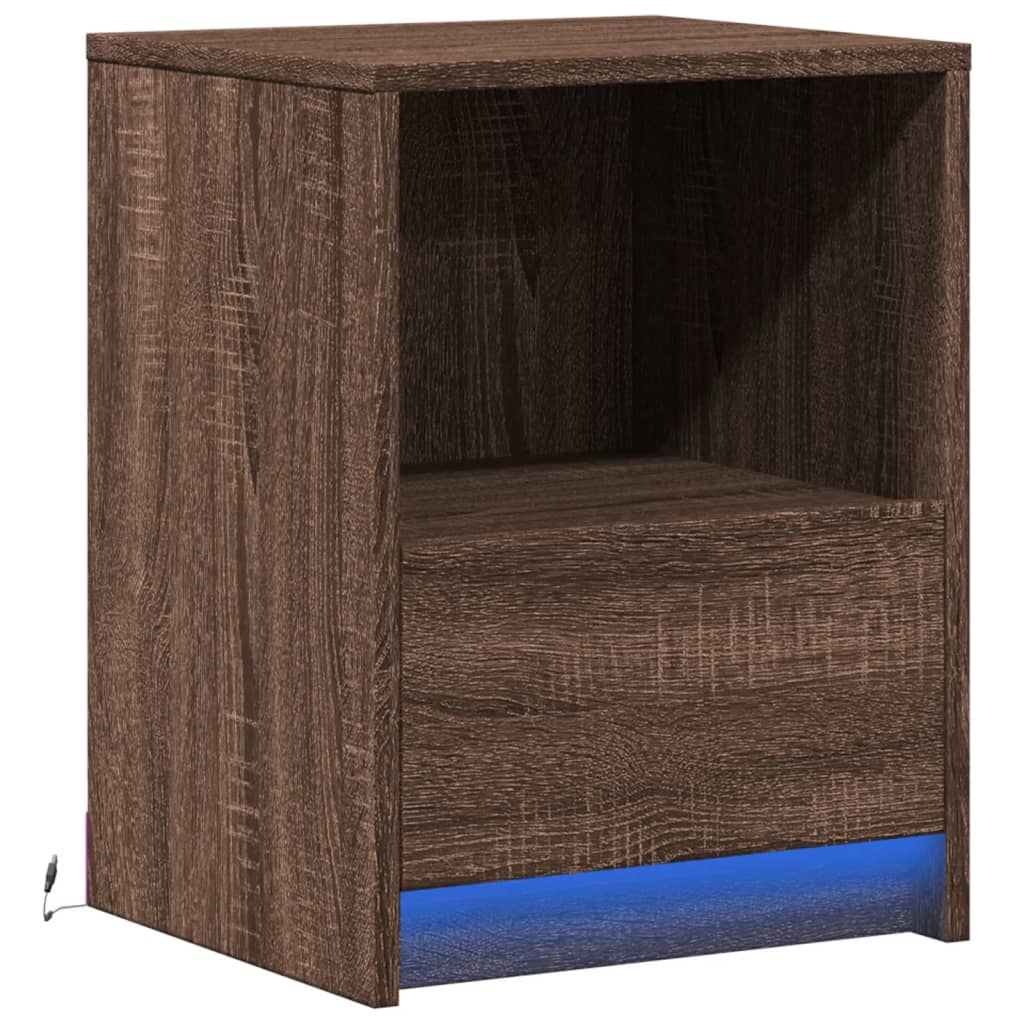 Mesita De Noche Con Luces Led Madera De Ingeniería Roble Marrón_1
