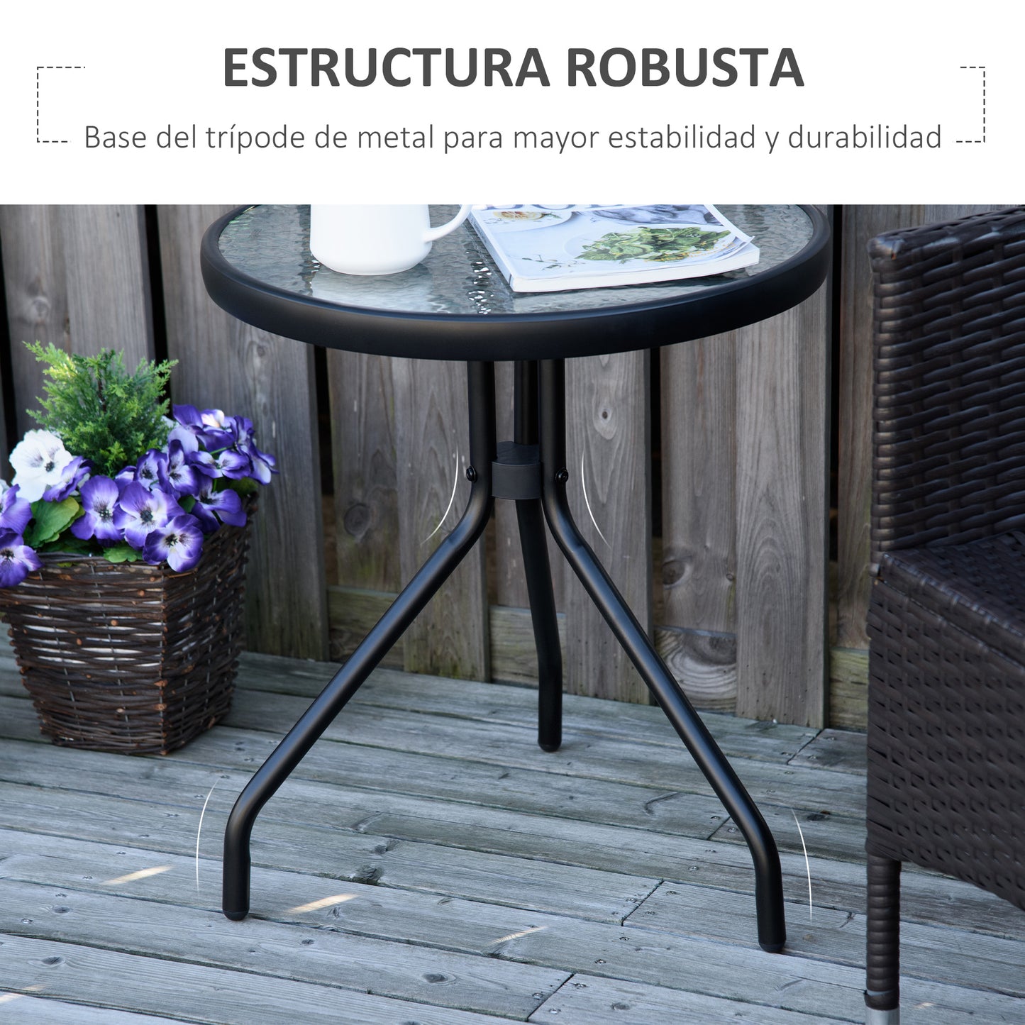 Outsunny Mesa Jardín Redonda Con Tablero De Cristal Para Terraza Ø50x55 Cm Negro_4