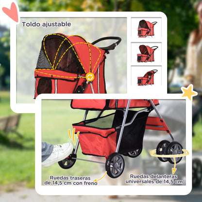 Pawhut Carrito Para Perros Plegable Con Toldo Ajustable 75x45x97 Cm Rojo_5