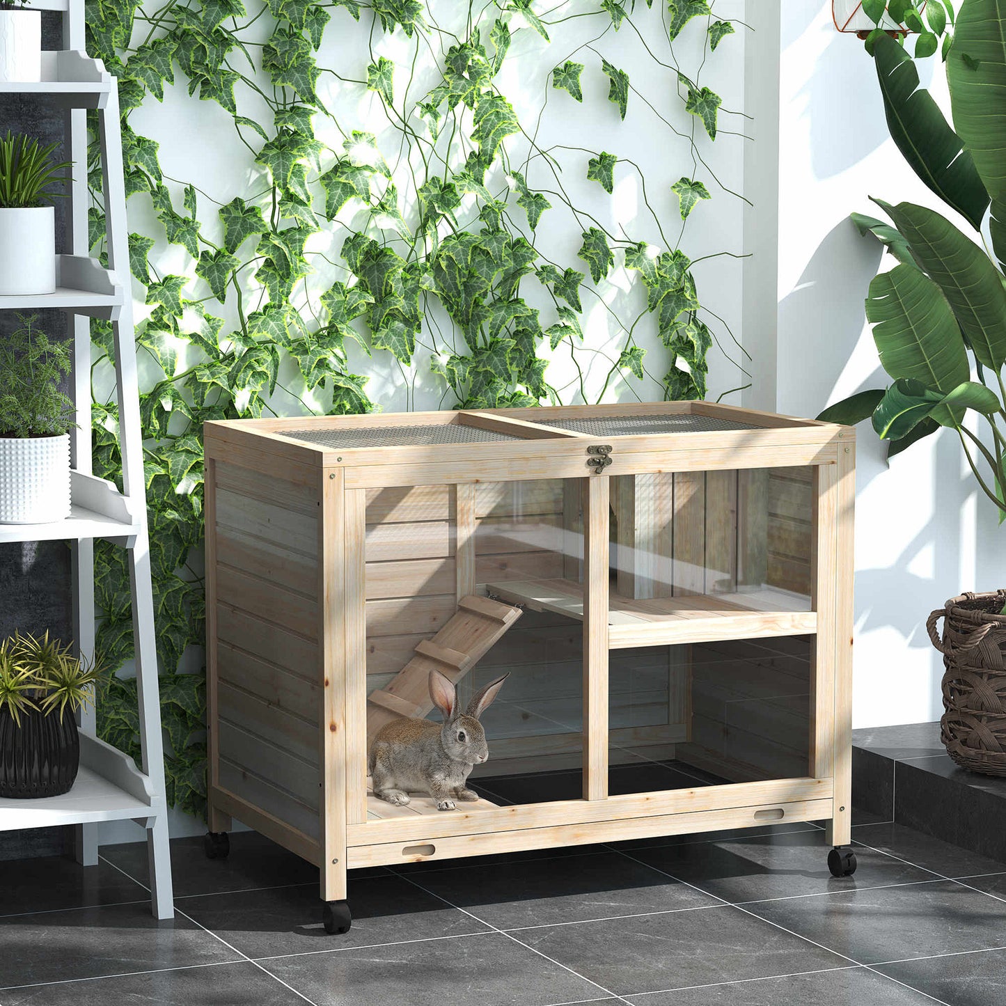 Pawhut Conejera De Madera Con Ruedas 91,5x53,3x73 Cm Techo Abatible Bandeja_1