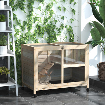 Pawhut Conejera De Madera Con Ruedas 91,5x53,3x73 Cm Techo Abatible Bandeja_1