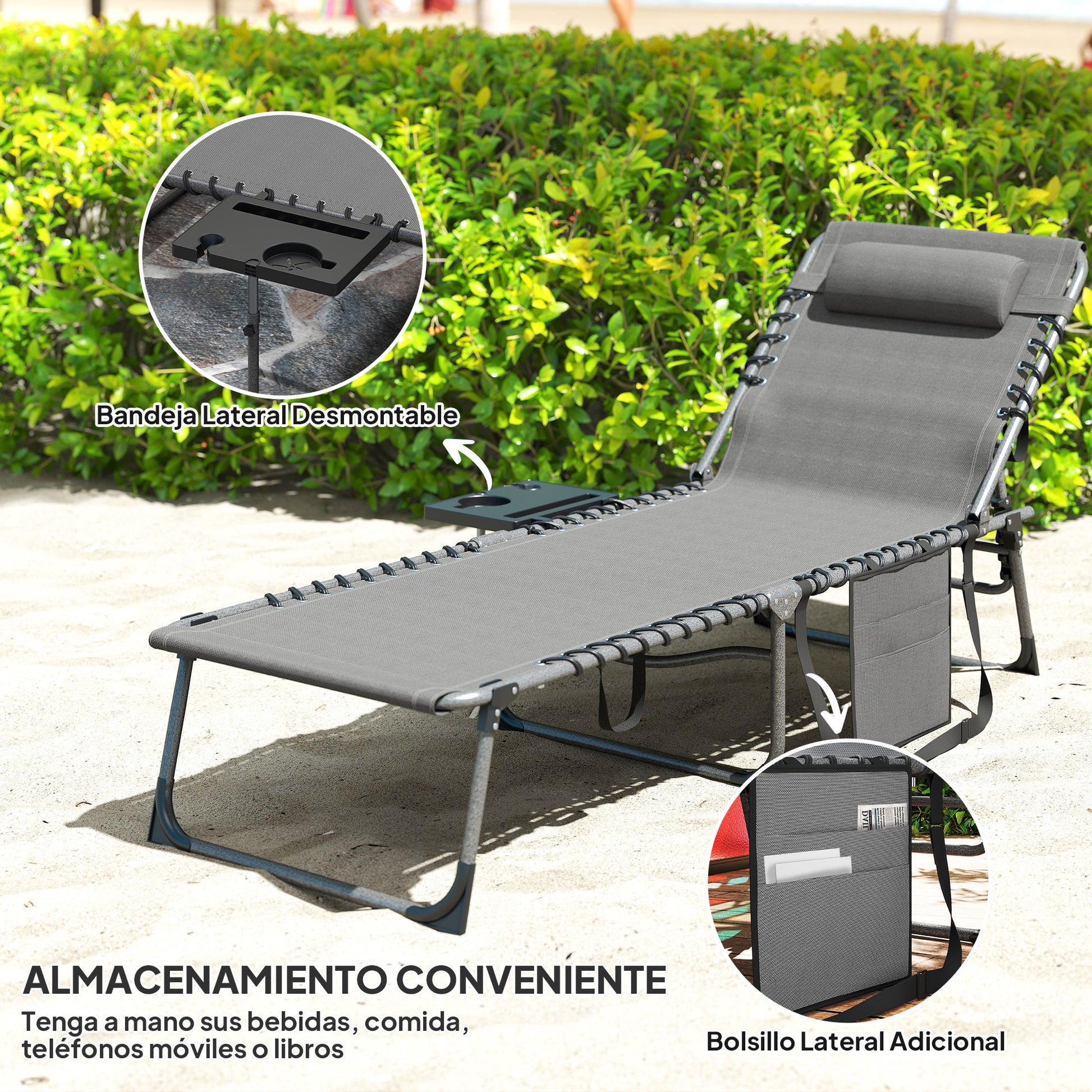 Outsunny Tumbona Plegable Con Respaldo Ajustable Reposacabezas 190x60x31 Cm Gris_5