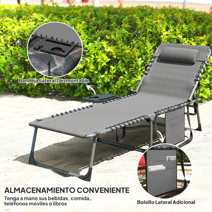 Outsunny Tumbona Plegable Con Respaldo Ajustable Reposacabezas 190x60x31 Cm Gris_5