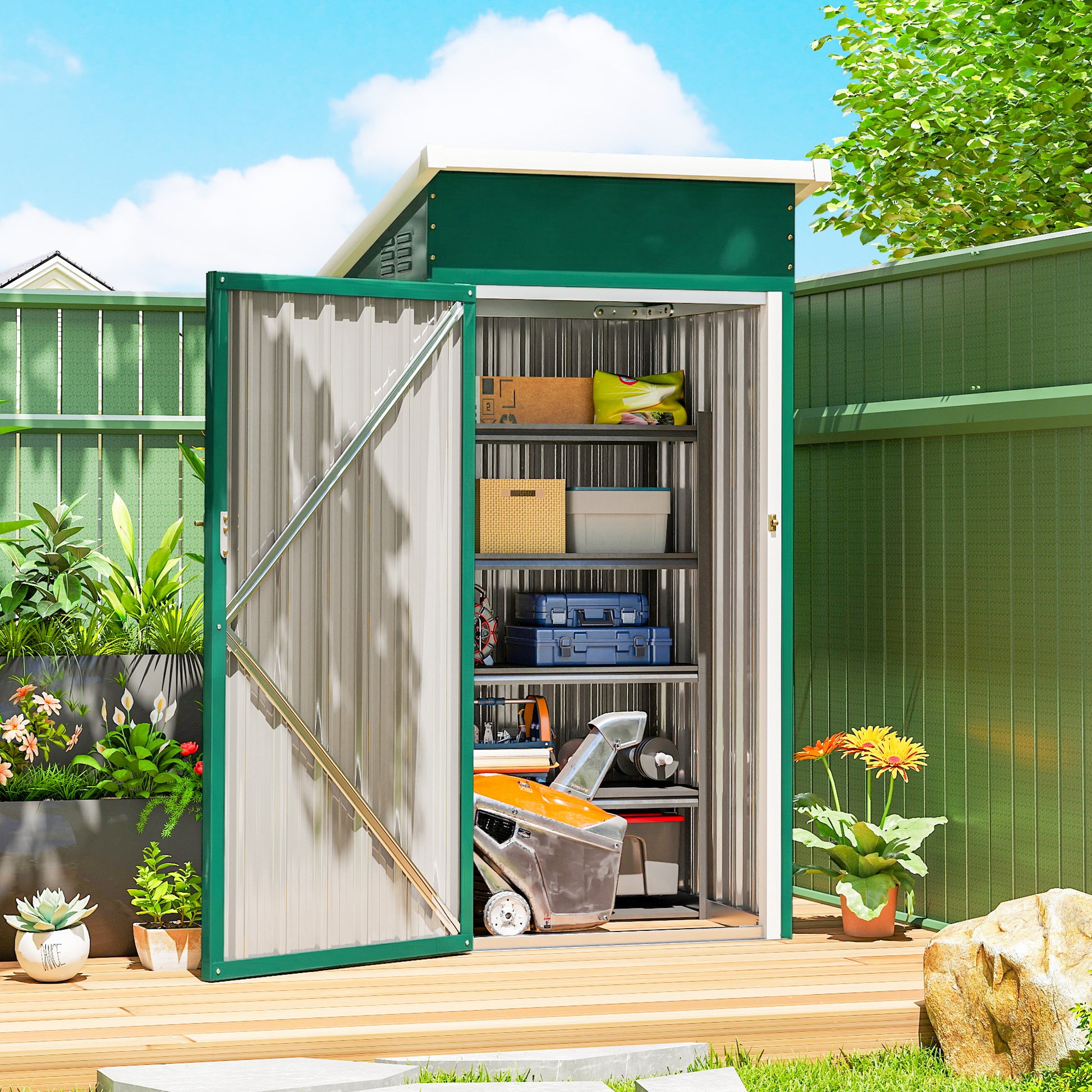 Outsunny Caseta De Jardín Exterior 107,5x91x185 Cm Puerta Con Cerradura Verde_1