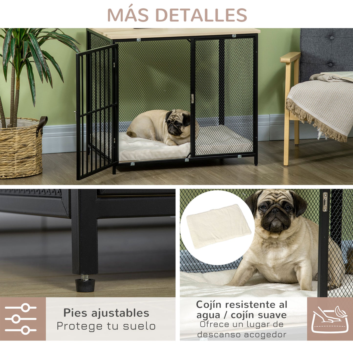 Pawhut Jaula Para Perros De Madera Mesa Auxiliar Puerta De Cerradura 80x55x71 Cm_5