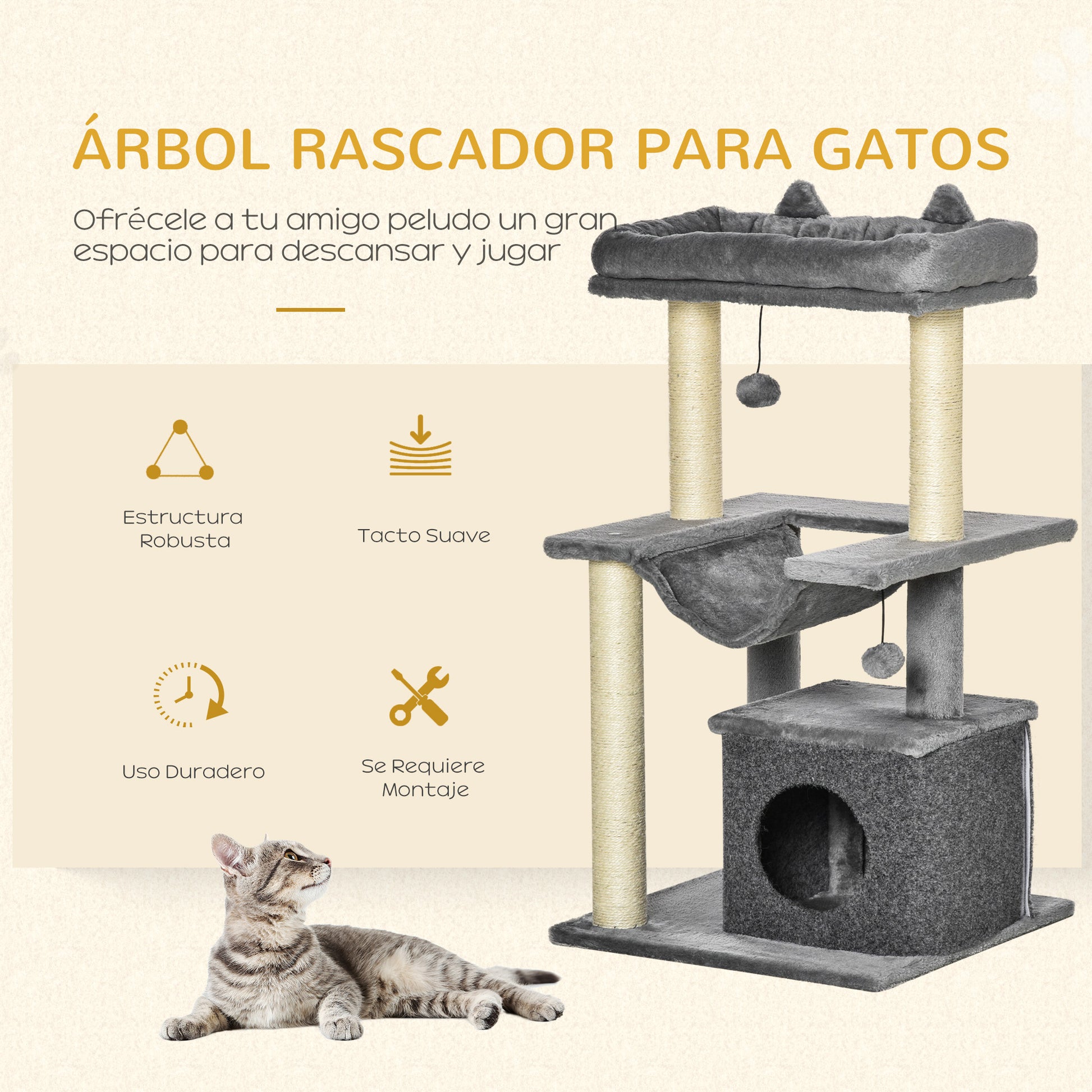 Pawhut Árbol Rascador Para Gatos Altura 90 Cm De 3 Niveles 48x48x90 Cm Gris_4