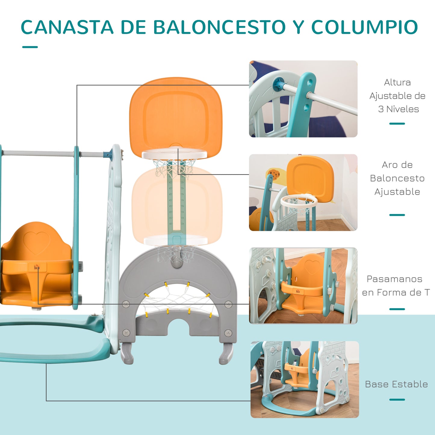 Homcom 5 En 1 Tobogán Columpio Infantil Con 2 Canastas De Baloncesto Y Portería_5