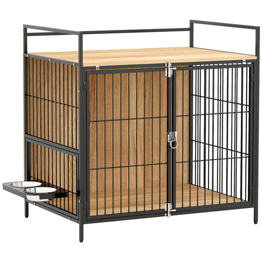 Pawhut Jaula Para Perros Mesa Auxiliar Con Soporte Giratorio Con 2 Tazones Roble_0