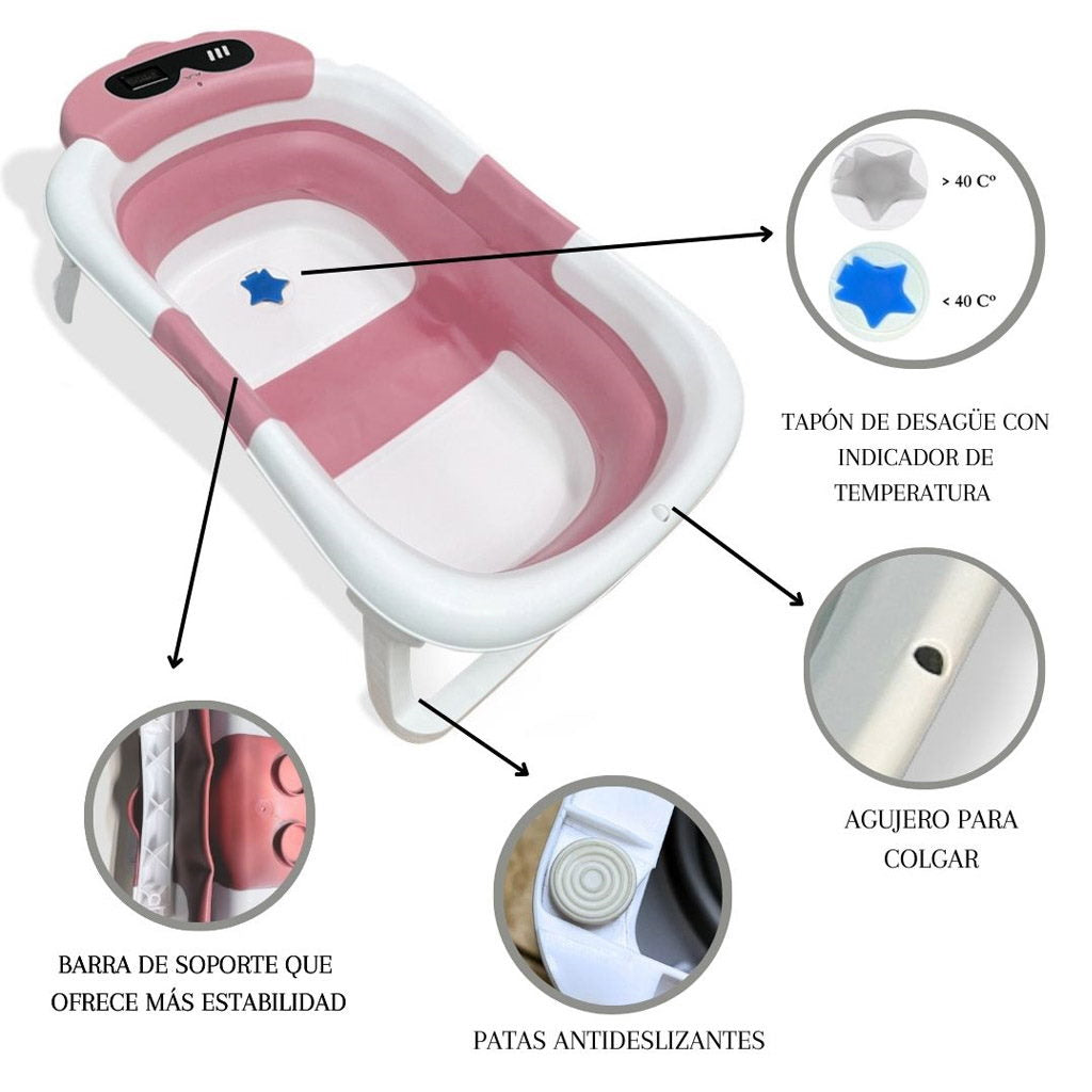 Bathby Bañera Plegable Para Bebés Recién Nacidos, Cojín Dinosaurio, Termómetro, Patas Antideslizantes (rosa Dinosaurio)