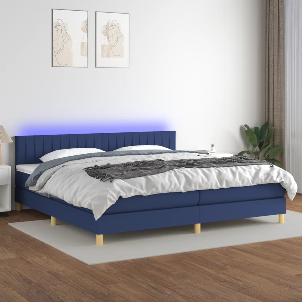 Cama Box Spring Con Colchón Y Led Tela Azul 200x200 Cm / Vetonek_5
