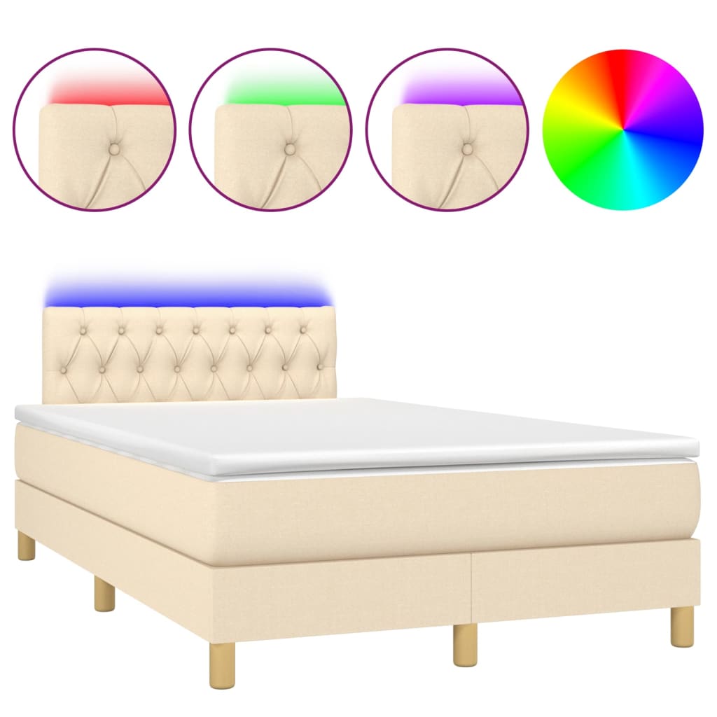 Cama Box Spring Con Colchón Y Led Tela Crema 120x200 Cm / Vetonek_0
