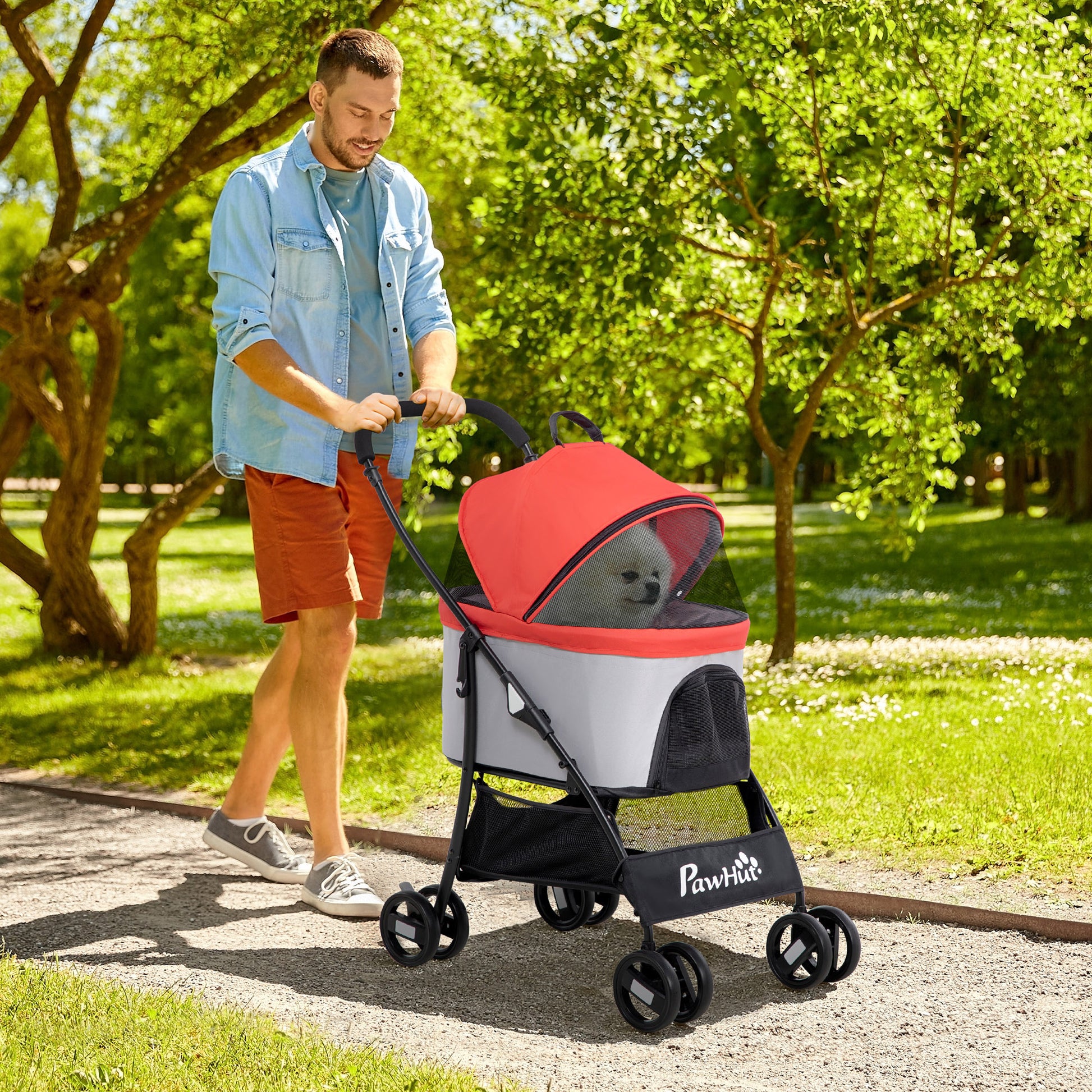 Pawhut Carrito Para Perros Plegable 3 En 1 Con Vagón Desmontable Rojo_1