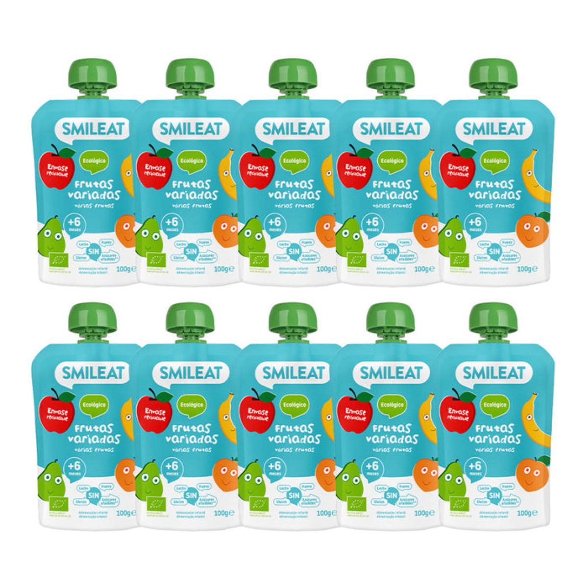 Pack 10 uds Pouches Fruta Variada Ecológico Smileat 100 g