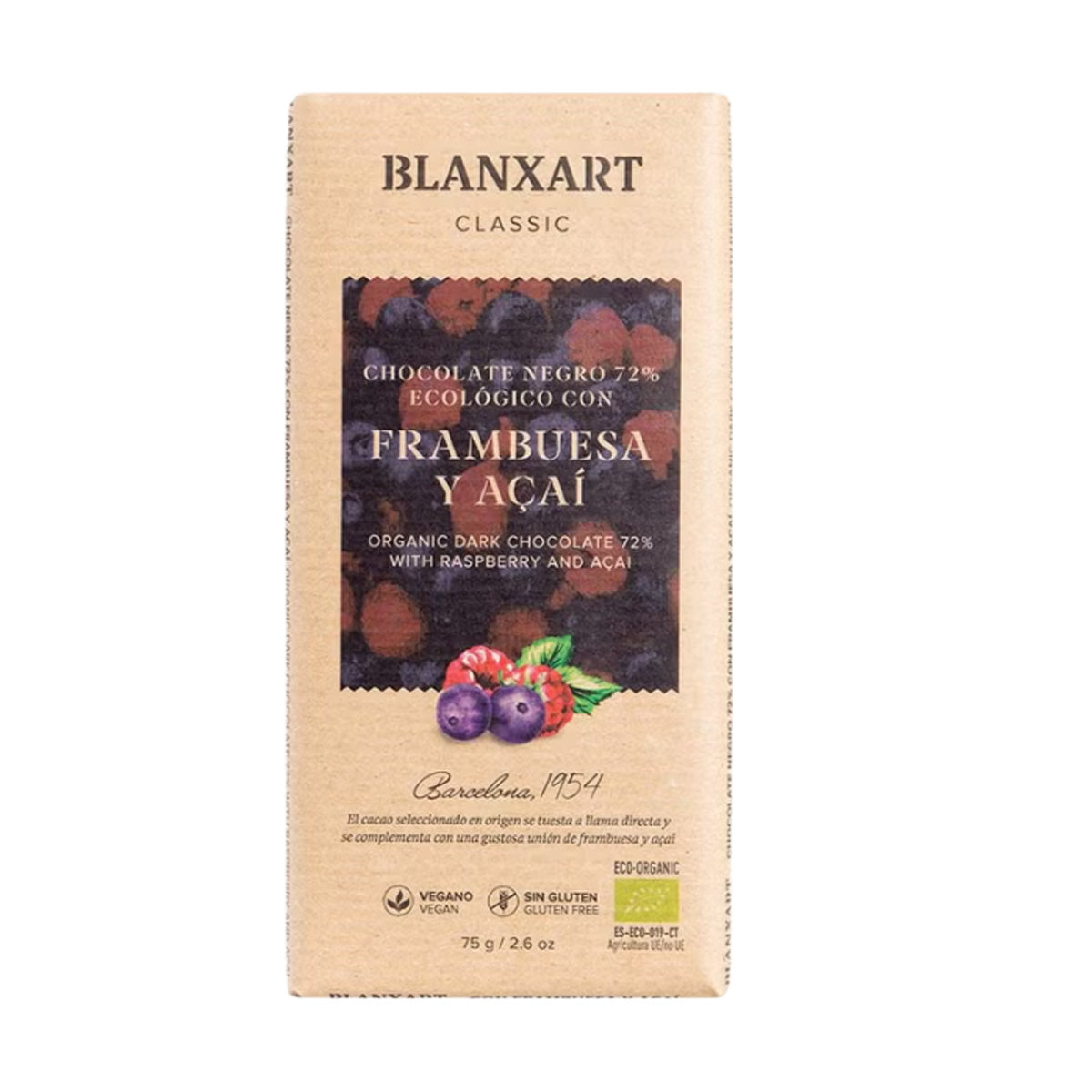 Chocolate 70% Frambuesa y Açaí Eco Blanxart 75g